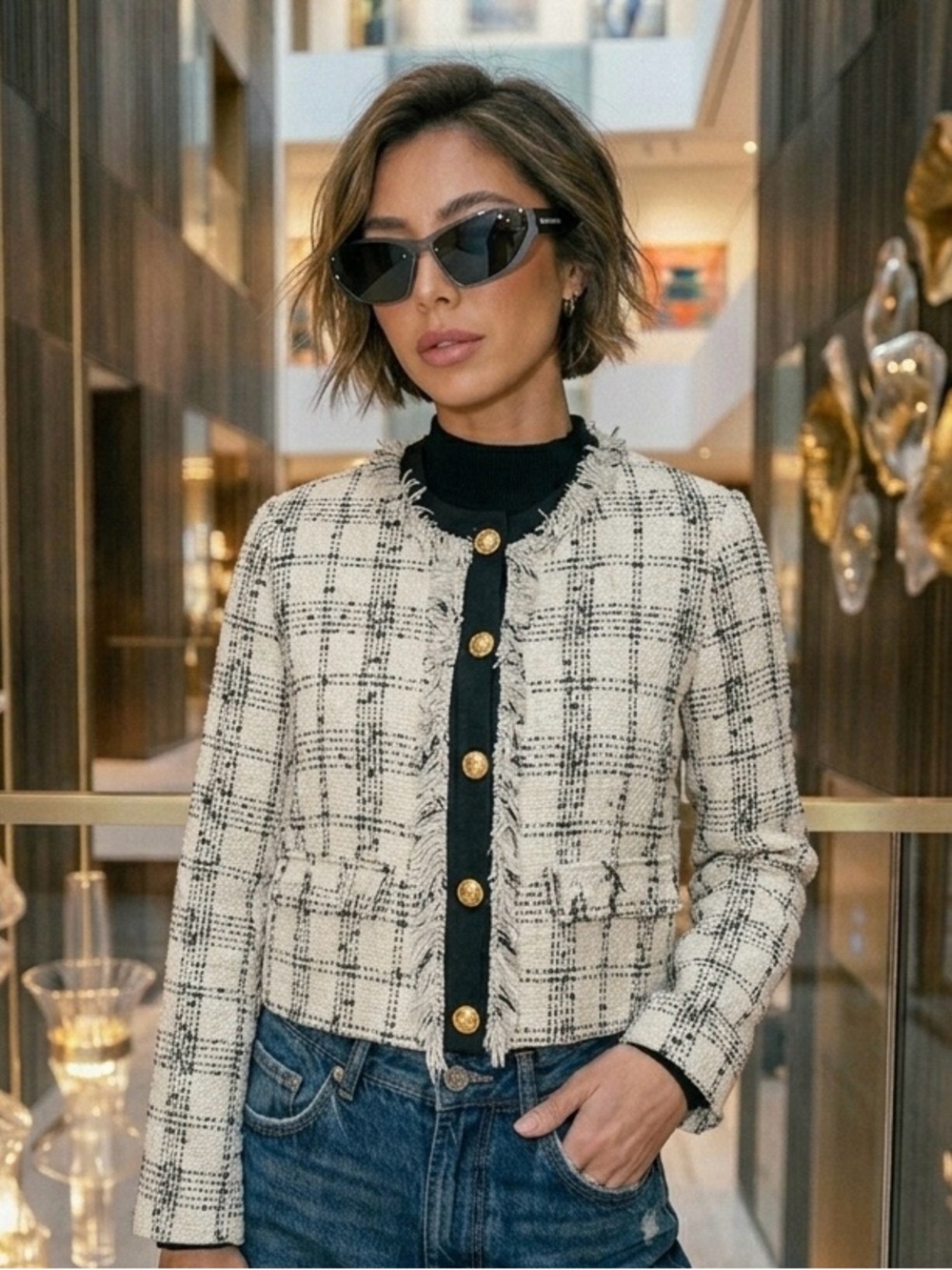 Mushroom Limited Tweed Plaid Cropped Jacket Fringe Gold Buttons Size L